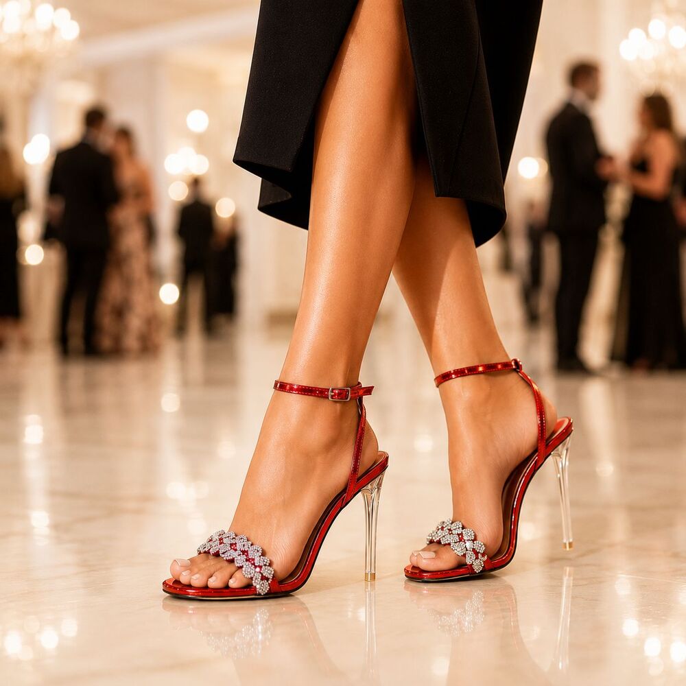 Cape Robbin Evans Red Rhinestone Lucite Heels Ankle Strap Womens 8